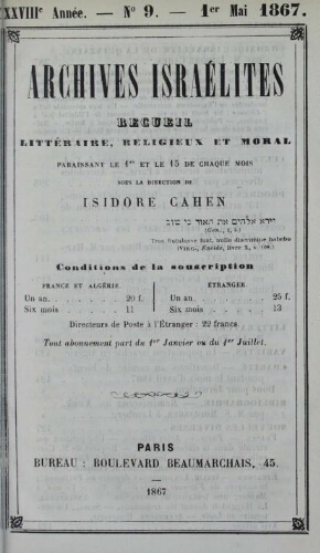 Archives israélites de France. Vol.28 N°09 (01 mai 1867)